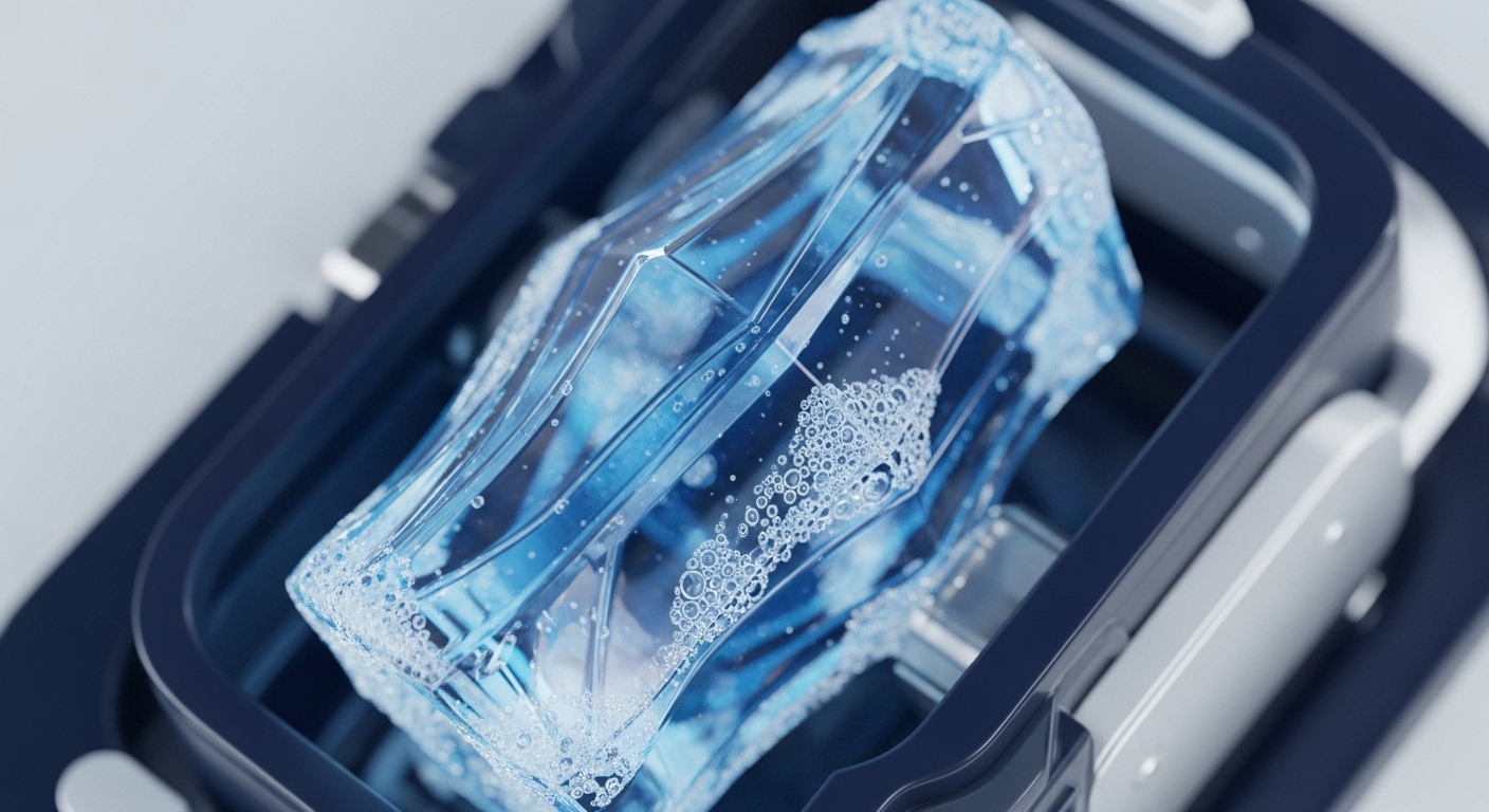A geometrically faceted, clear blue object, appearing to be a bottle or block, is shown submerged in liquid with numerous small bubbles clinging to its surface. It rests within a dark blue, technologically advanced container with subtle silver accents, suggesting a specialized processing unit