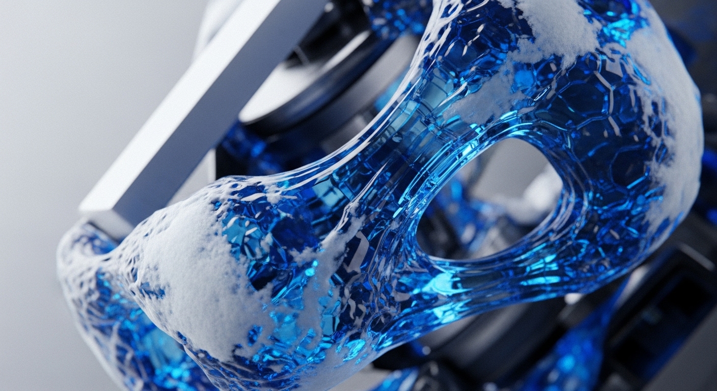 The image features an abstract, translucent blue structure with intricate, interconnected internal patterns, partially covered by white, textured material resembling frost or snow. This dynamic form is set against a blurred background of metallic grey and silver elements, suggesting a technological infrastructure
