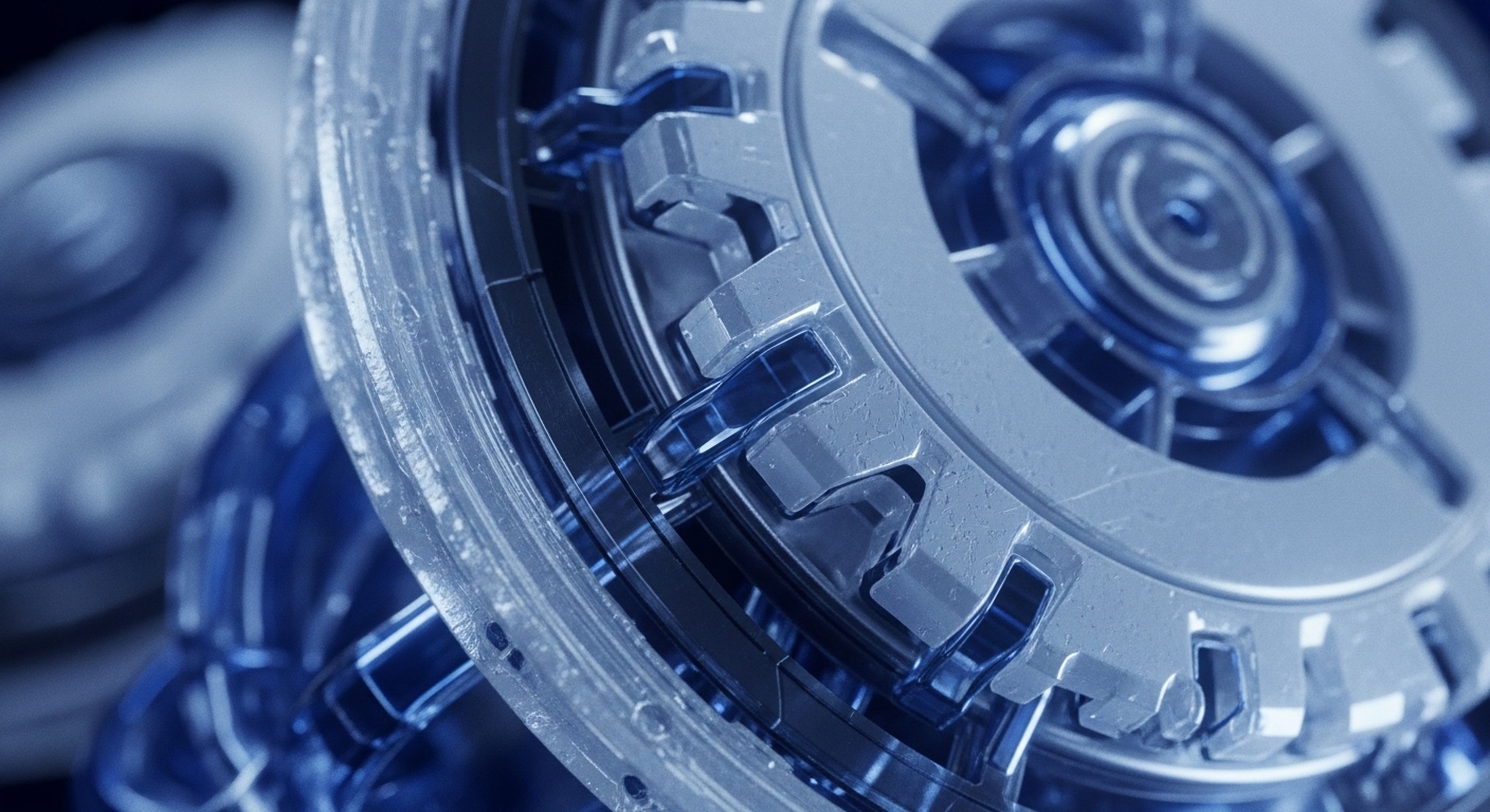A detailed close-up reveals complex interlocking gears, featuring a prominent metallic, textured gear engaging with a translucent, light blue counterpart. The composition highlights the precise meshing of components, with glowing blue internal structures visible beneath the clear elements