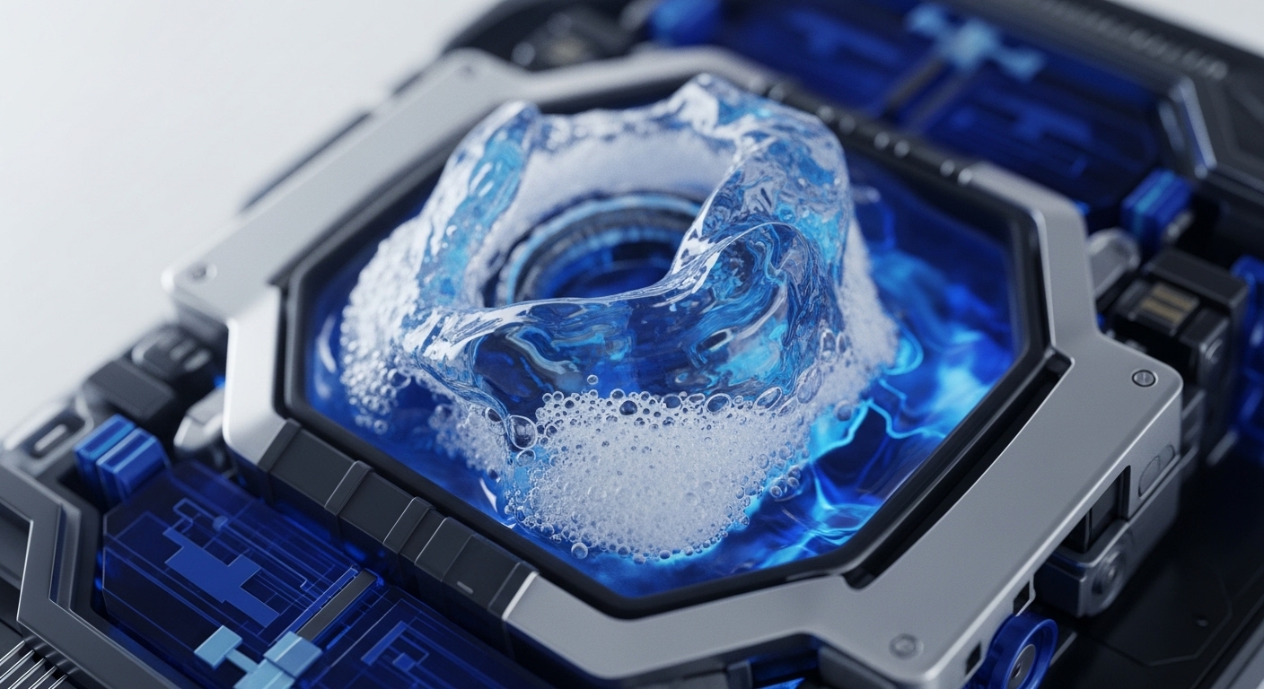 An intricate close-up reveals a sophisticated technological apparatus, showcasing a luminous blue liquid contained within a sleek, metallic hexagonal frame. The fluid actively churns, creating a captivating vortex effect adorned with numerous small bubbles at its base