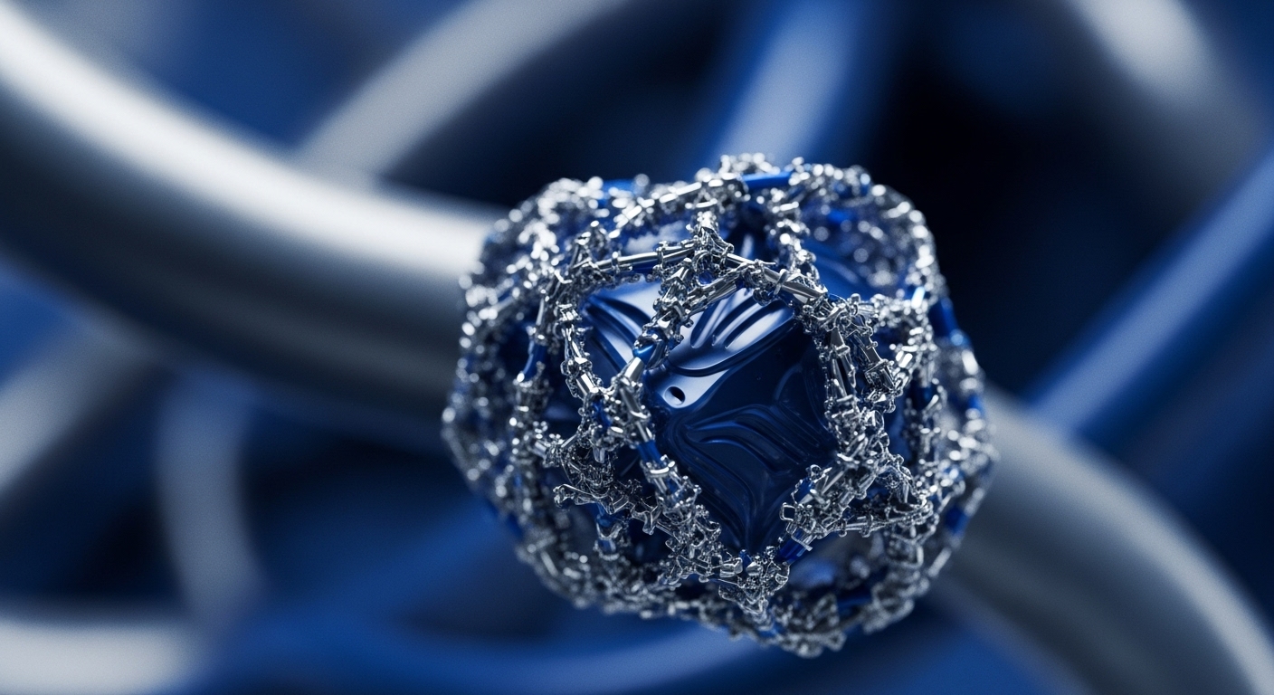 A central, multifaceted blue core, resembling a complex cryptographic artifact, is enveloped by a dense, metallic lattice structure. This intricate network suggests a decentralized ledger system, where each link represents a transaction or smart contract execution within a blockchain. The reflective surfaces imply the transparency and immutability inherent in distributed ledger technology, with the metallic sheen hinting at the secure, robust nature of cryptographic hashing and consensus mechanisms. This visual metaphor embodies the interconnectedness of nodes and the security protocols underpinning digital asset management and DeFi ecosystems.