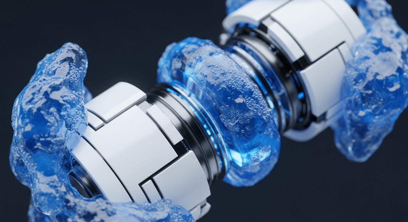 Two futuristic, segmented blockchain nodes are visually connected by a vibrant, effervescent blue fluid. These nodes, appearing robust with metallic and white components, symbolize the core infrastructure of decentralized systems and distributed ledger technology DLT