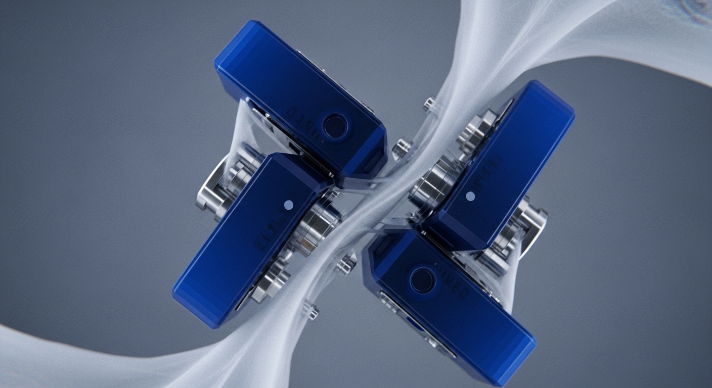Four blue, rectangular, device-like modules are symmetrically arranged in an "X" pattern, intricately linked by flowing, translucent structures. Each module features prominent metallic cylindrical components on its sides, alongside subtle circular indentations and small white indicator dots