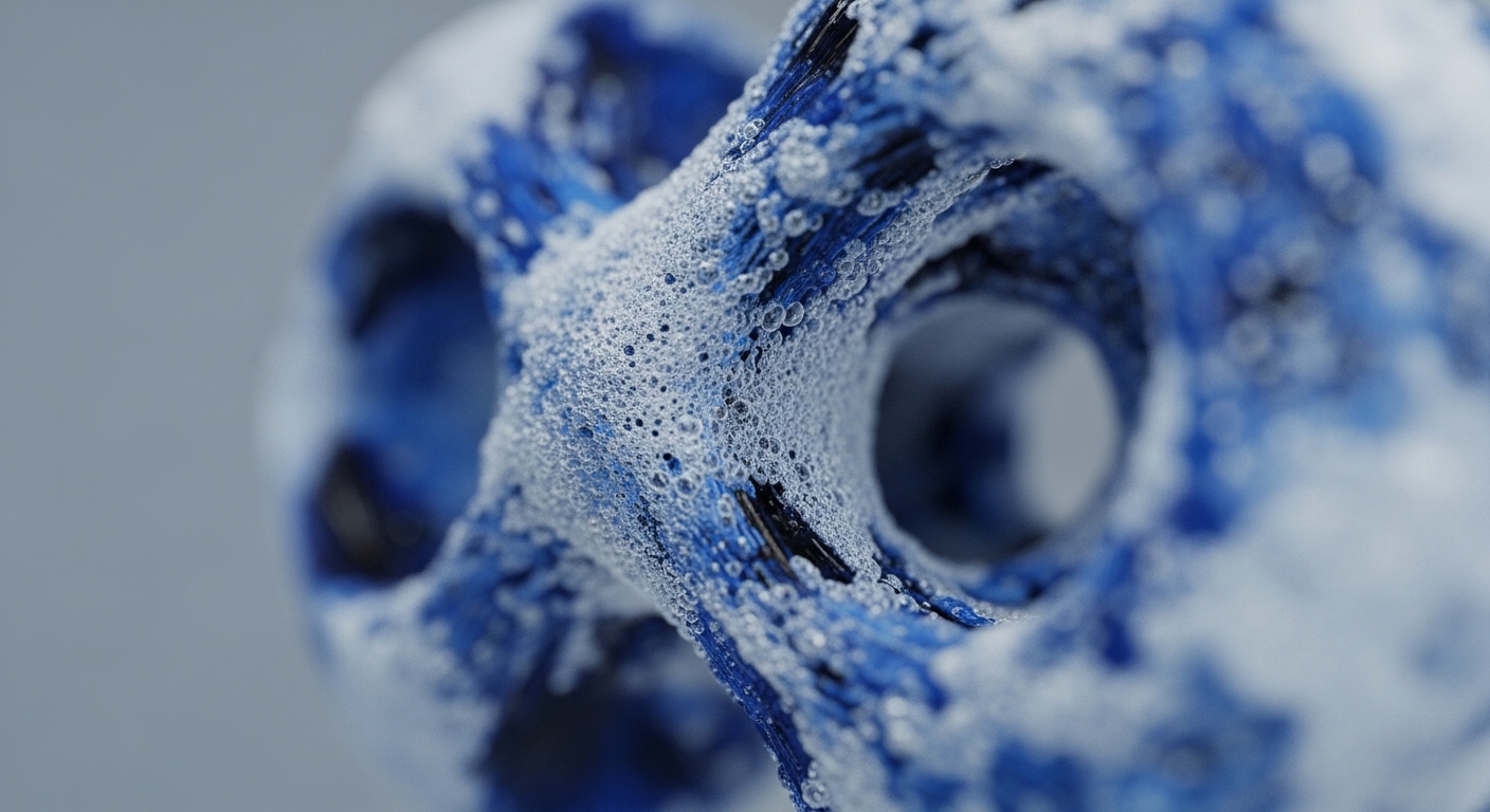 A close-up shot captures a blue, woven, knot-like structure partially covered in white foam. The textured surface reveals intricate details of both the underlying blue material and the myriad small bubbles adhering to it