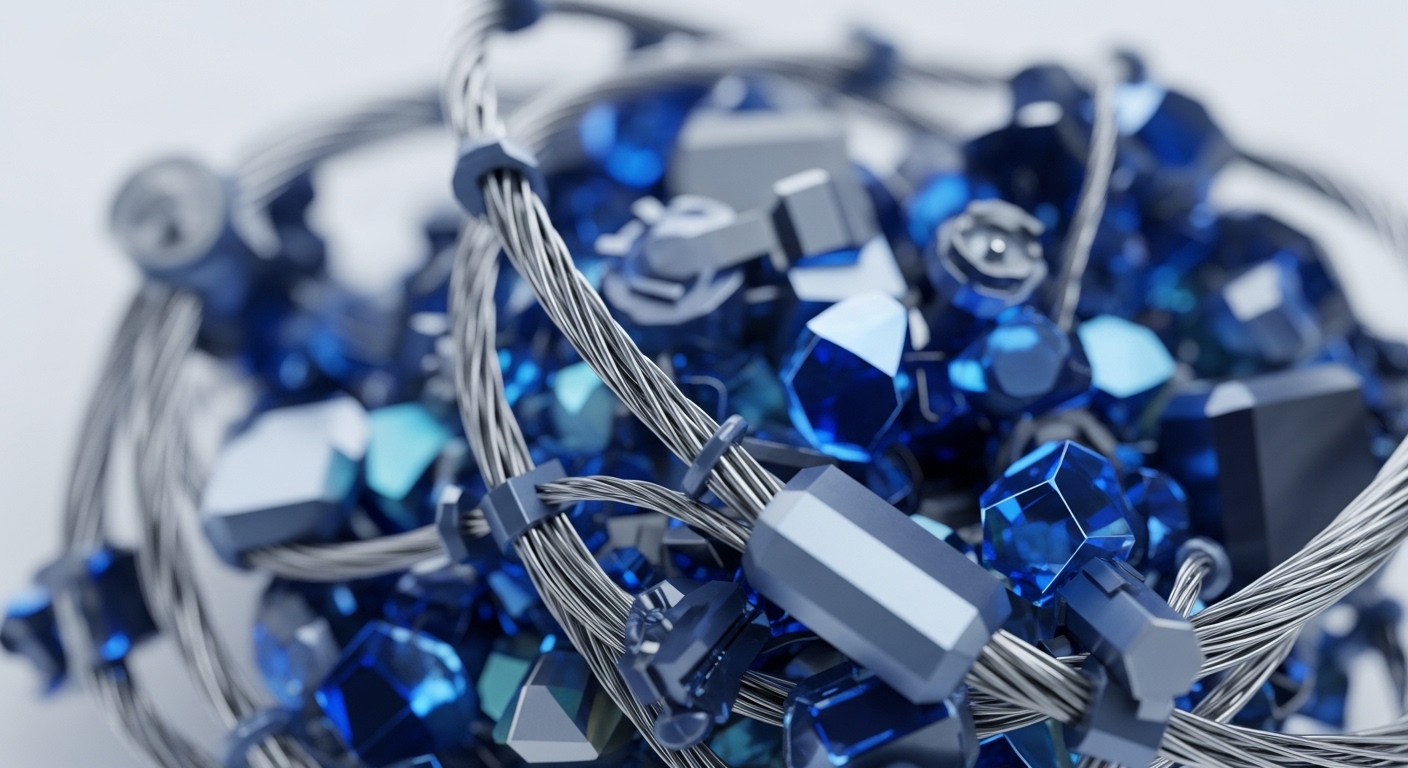 A dense entanglement of metallic wires is interspersed with numerous faceted geometric shapes in shades of deep blue and metallic silver. These elements are bound together by dark blue hexagonal connectors, creating a complex, almost crystalline structure