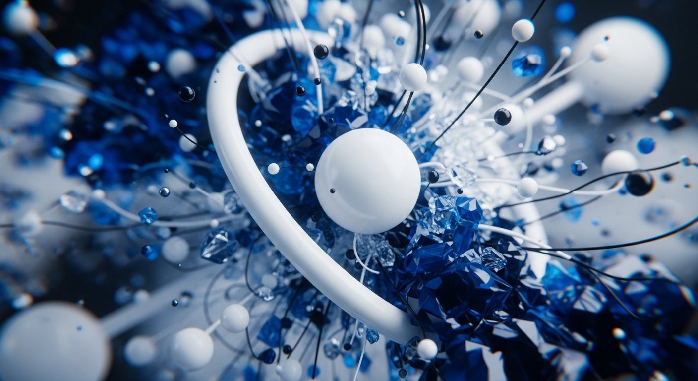 A vibrant abstract composition showcases a central white arc and a large white sphere, surrounded by numerous smaller white and black spheres, vivid blue and clear crystalline fragments, and delicate black filaments. These elements are dynamically arranged, suggesting a complex system in motion with varying depths of field, creating a sense of depth and energetic interaction