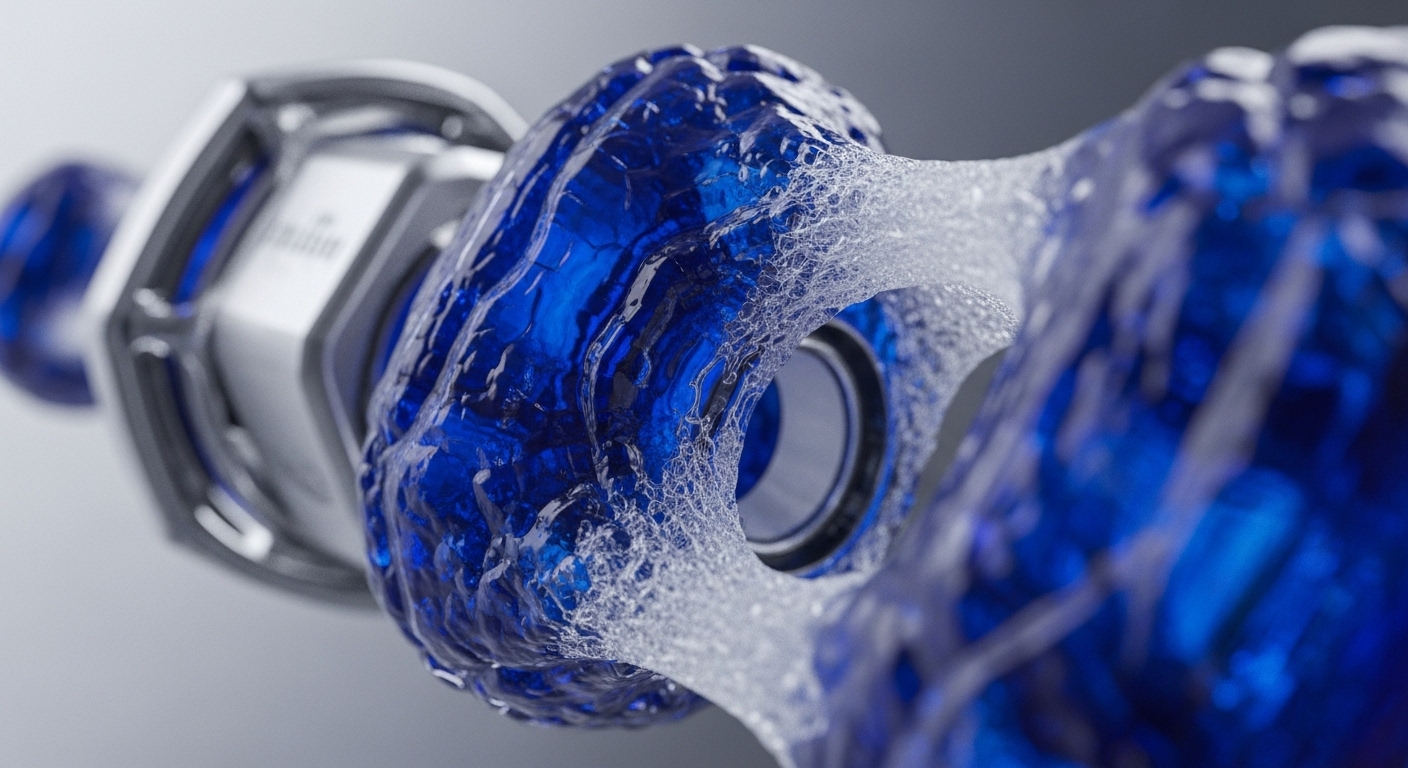 A vibrant, textured deep blue translucent material forms a complex structure, representing a decentralized ledger housing digital assets. This intricate blockchain architecture emanates a delicate white, web-like network, embodying an interoperability protocol. This network extends towards a metallic, out-of-focus validator node, a component of Web3 infrastructure. A visible aperture within the blue material acts as a smart contract execution conduit, facilitating data integrity across distinct network topologies.