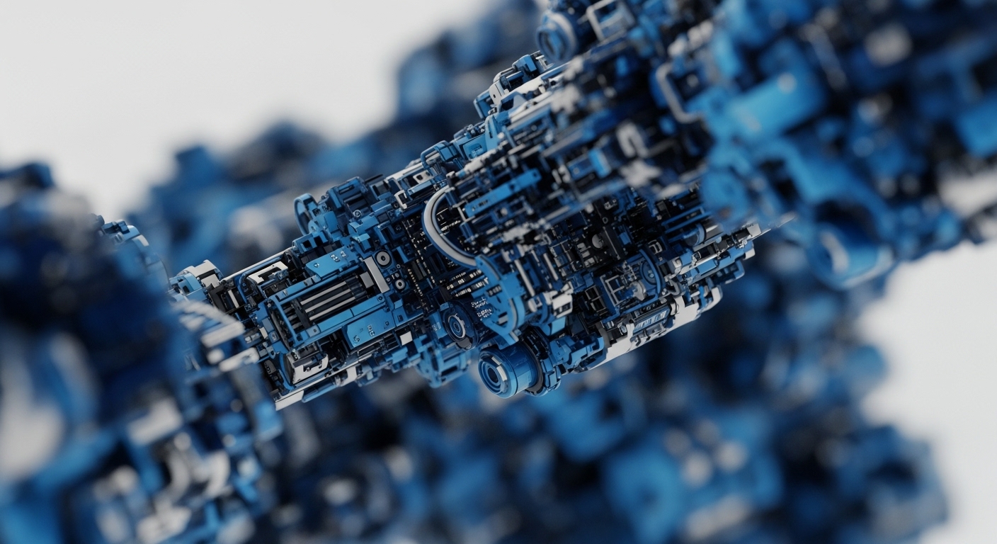 A highly detailed, blue-toned mechanical structure fills the frame, appearing as an advanced blockchain architecture or distributed ledger technology core. Sharp focus on the central segment reveals intricate components, resembling validator nodes and smart contract execution modules. Blurred foreground and background elements suggest an expansive decentralized network, emphasizing the complex cryptographic primitives underpinning digital asset ecosystems. The metallic sheen and precise assembly convey robust Web3 infrastructure.
