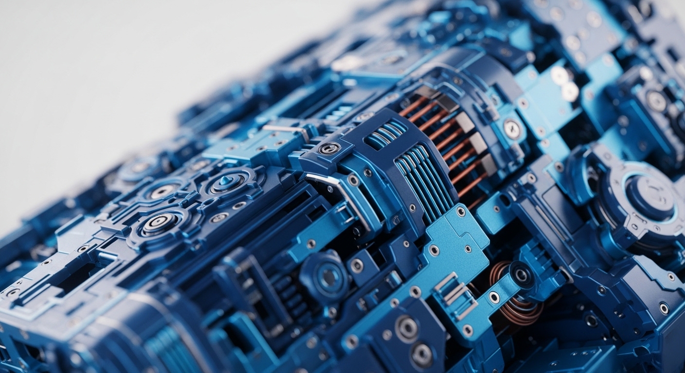 A close-up view reveals a detailed, metallic blue construction featuring numerous interlocking parts, conduits, and fasteners, suggesting a sophisticated mechanical or digital system. This intricate design visually represents the complex architecture of blockchain technology and decentralized networks