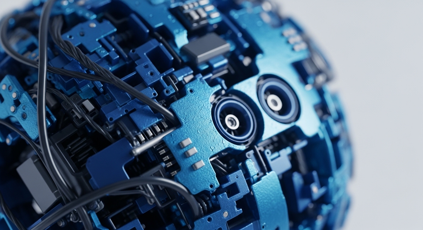 A close-up view showcases a complex, spherical-like object comprised of intricate blue metallic components. Numerous dark cables interconnect textured plates, embedded chips, and cylindrical elements, highlighting a sophisticated technological assembly