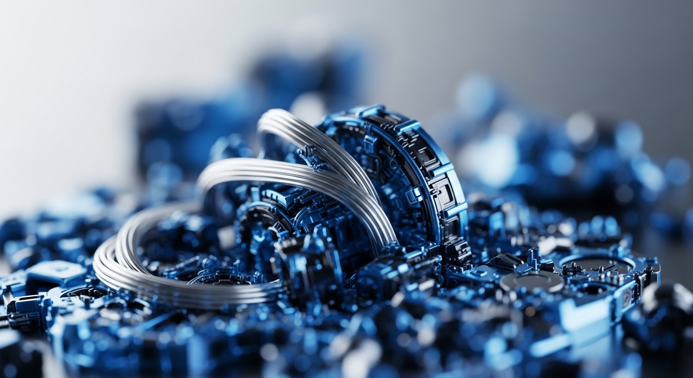 A detailed close-up reveals a futuristic, mechanical assembly rendered in striking metallic blues and silvers. Intertwined silver cables form a central element amidst a landscape of gears, circuits, and abstract technological structures, hinting at sophisticated engineering