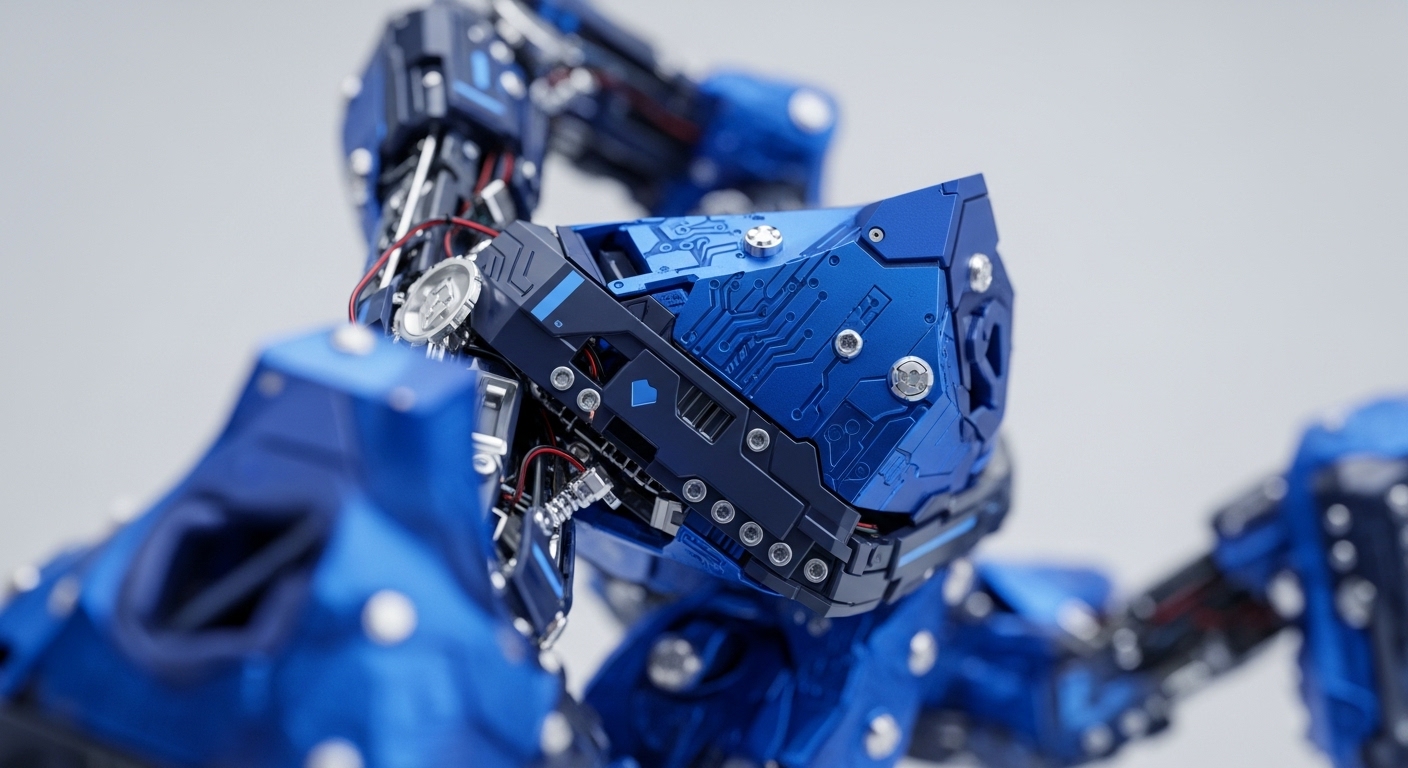 A detailed shot showcases a sophisticated blue and dark blue mechanical assembly, characterized by its sleek, metallic finish and visible internal wiring. Silver bolts and fasteners secure various panels, some adorned with etched circuit patterns, highlighting the intricate engineering