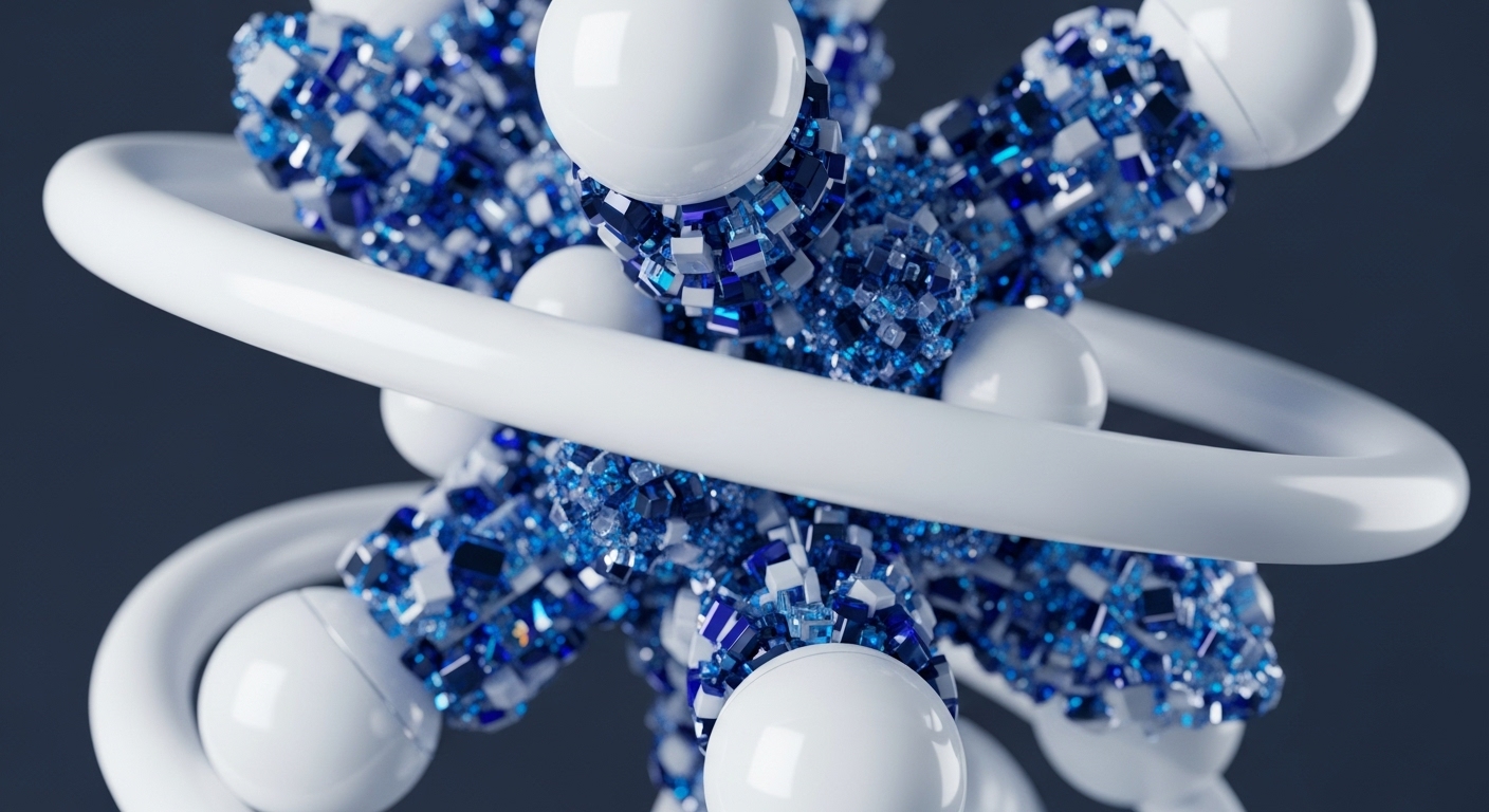 An abstract, three-dimensional structure showcases smooth white spheres and thick, glossy white rings, intricately interwoven with masses of small, reflective blue and white cubes. These vibrant cubes appear clustered around and emanating from the white forms, creating a visually complex and dynamic composition against a dark grey background