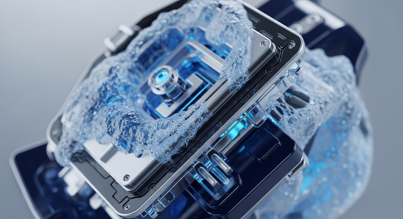 A close-up, angled view depicts a sophisticated, high-tech mechanism with metallic and transparent components. Blue liquid, appearing to flow over and within the structure, illuminates internal pathways and a central processing core, suggesting a vital computational unit