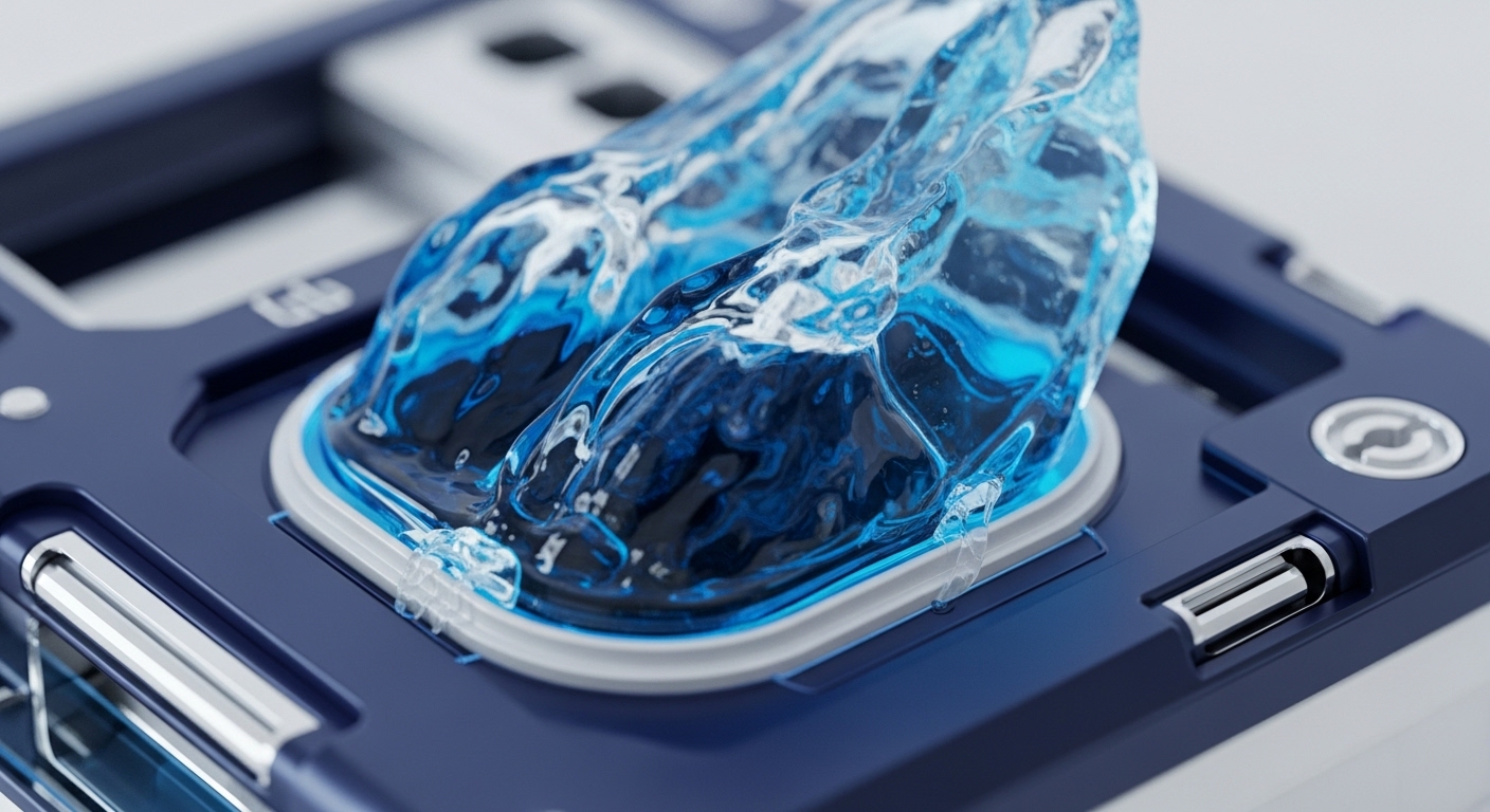A vibrant blue, amorphous liquid mass, with intricate swirling patterns and bright highlights, rests on a structured, dark blue platform. This visual evokes the abstract concept of liquid staking or decentralized finance DeFi protocols, where digital assets are dynamically managed and utilized within the blockchain ecosystem