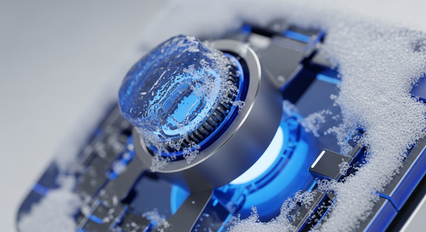 The image displays a close-up of a high-tech mechanism featuring a central circular component filled with vibrant blue liquid, surrounded by numerous small, transparent spheres. This intricate hardware setup is characterized by metallic finishes, blue glowing accents, and a dark, structured base