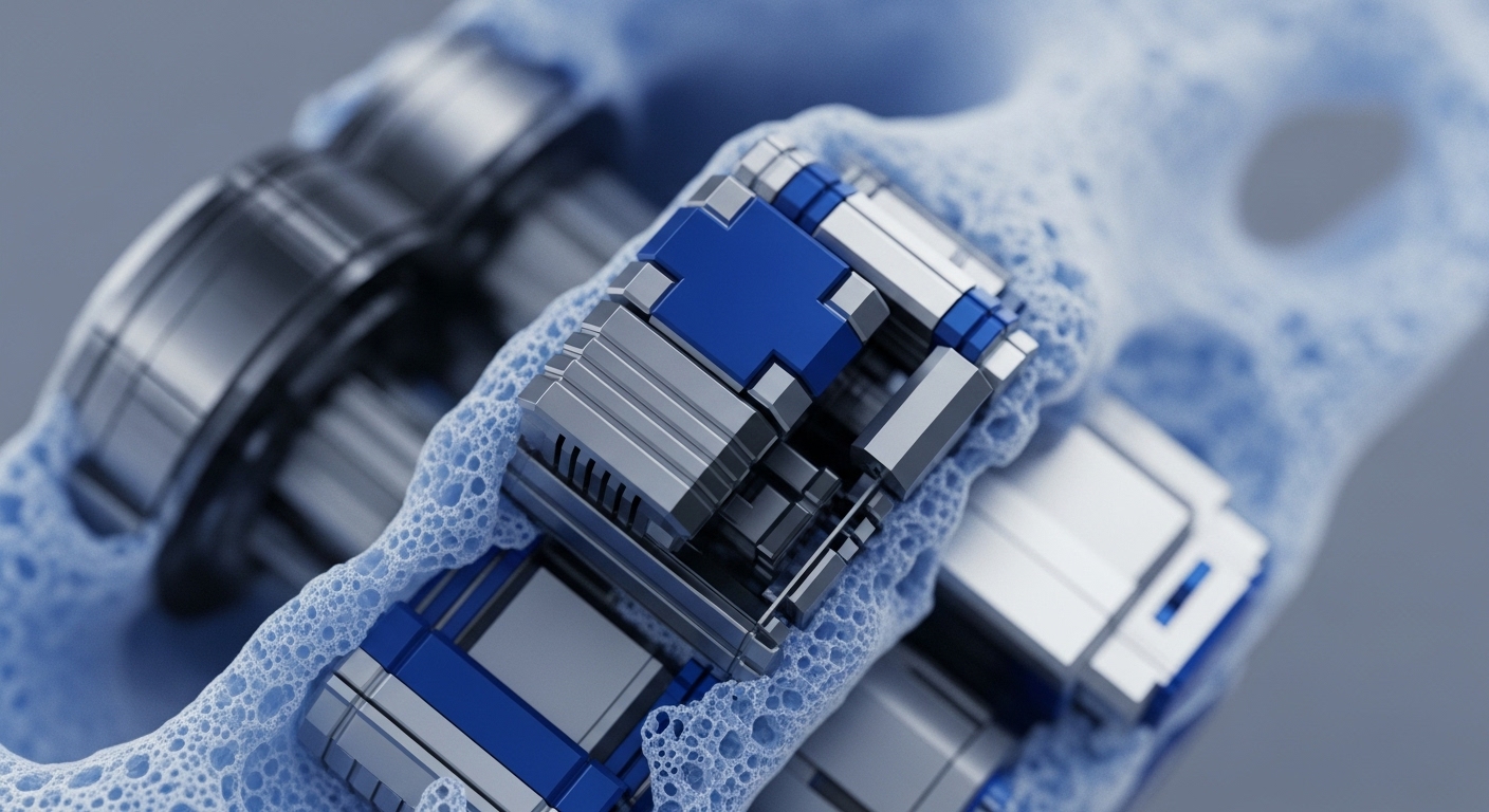 Close-up view of intricate metallic modular components, primarily silver with distinct blue highlights, embedded within a light blue, porous, and textured material. These modules are arranged linearly, suggesting a complex, interconnected system partially submerged in the foamy substance