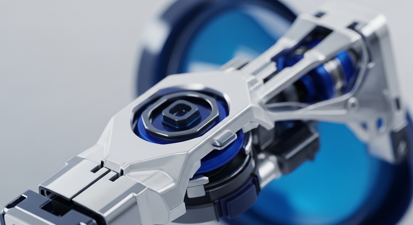 A detailed close-up reveals a futuristic mechanical component, showcasing polished silver metallic panels intricately interlocked with vibrant electric blue internal structures. These visible mechanisms suggest a high-precision actuator or advanced robotic joint, highlighting sophisticated engineering