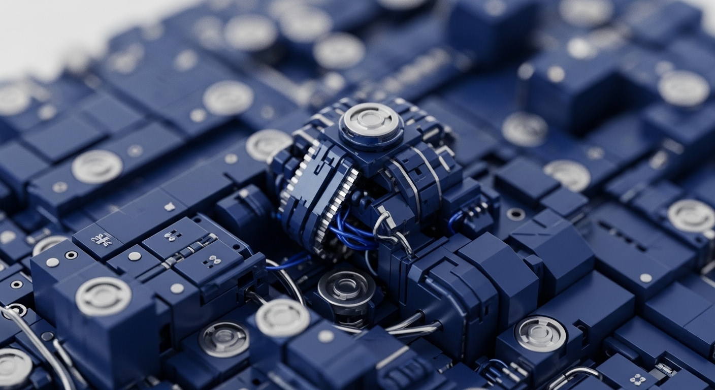 The image presents an intricate arrangement of deep blue modular blocks and metallic silver components, featuring a prominent central core with exposed blue and silver wiring. This complex structure exhibits a highly organized, futuristic mechanical aesthetic, suggesting a sophisticated functional system