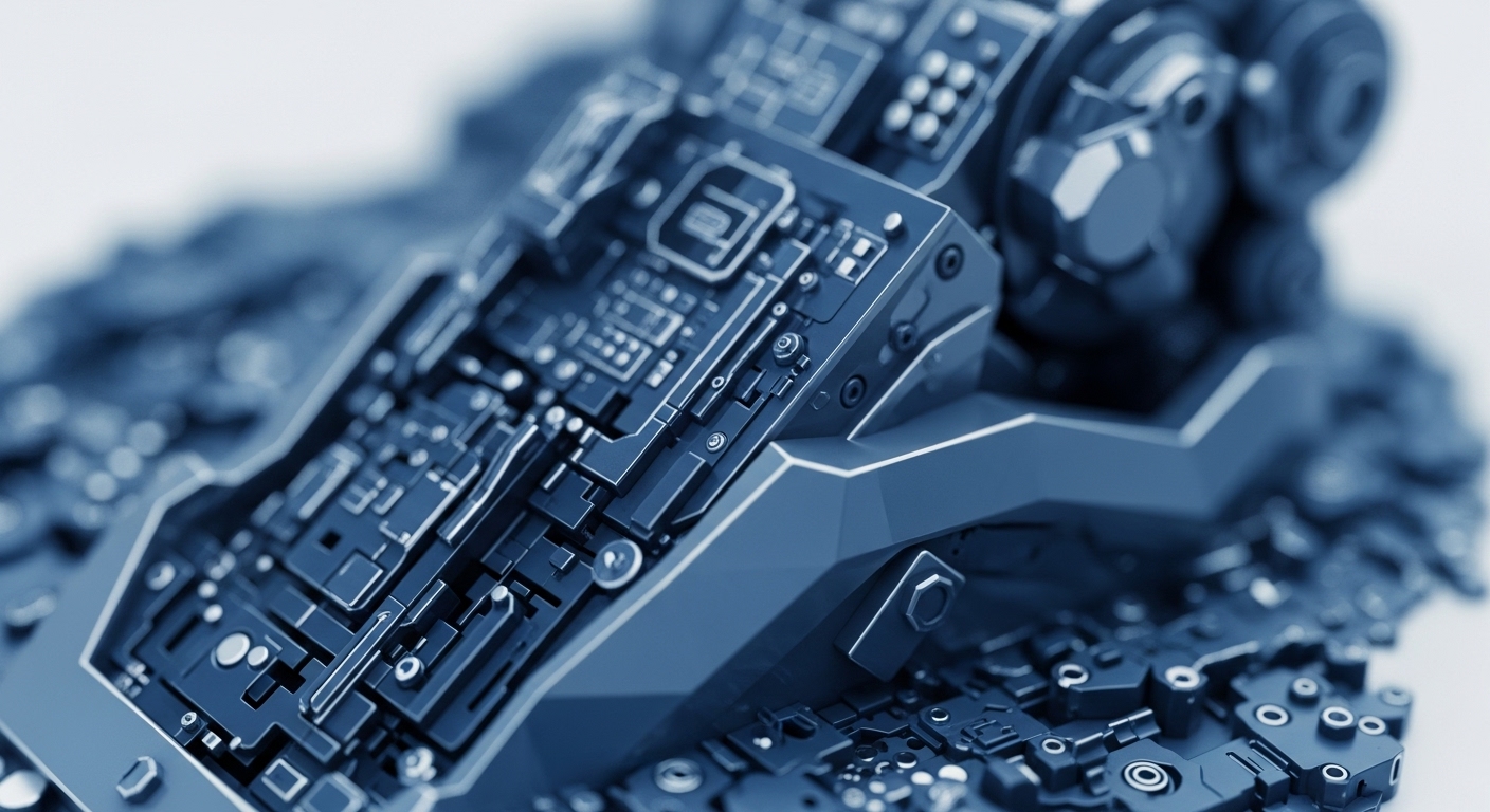 A close-up perspective showcases an array of highly detailed, blue-grey mechanical or electronic components, featuring sharp geometric forms and metallic finishes. The composition utilizes a shallow depth of field, bringing the intricate foreground elements into sharp focus while the background softly blurs, emphasizing the complex design