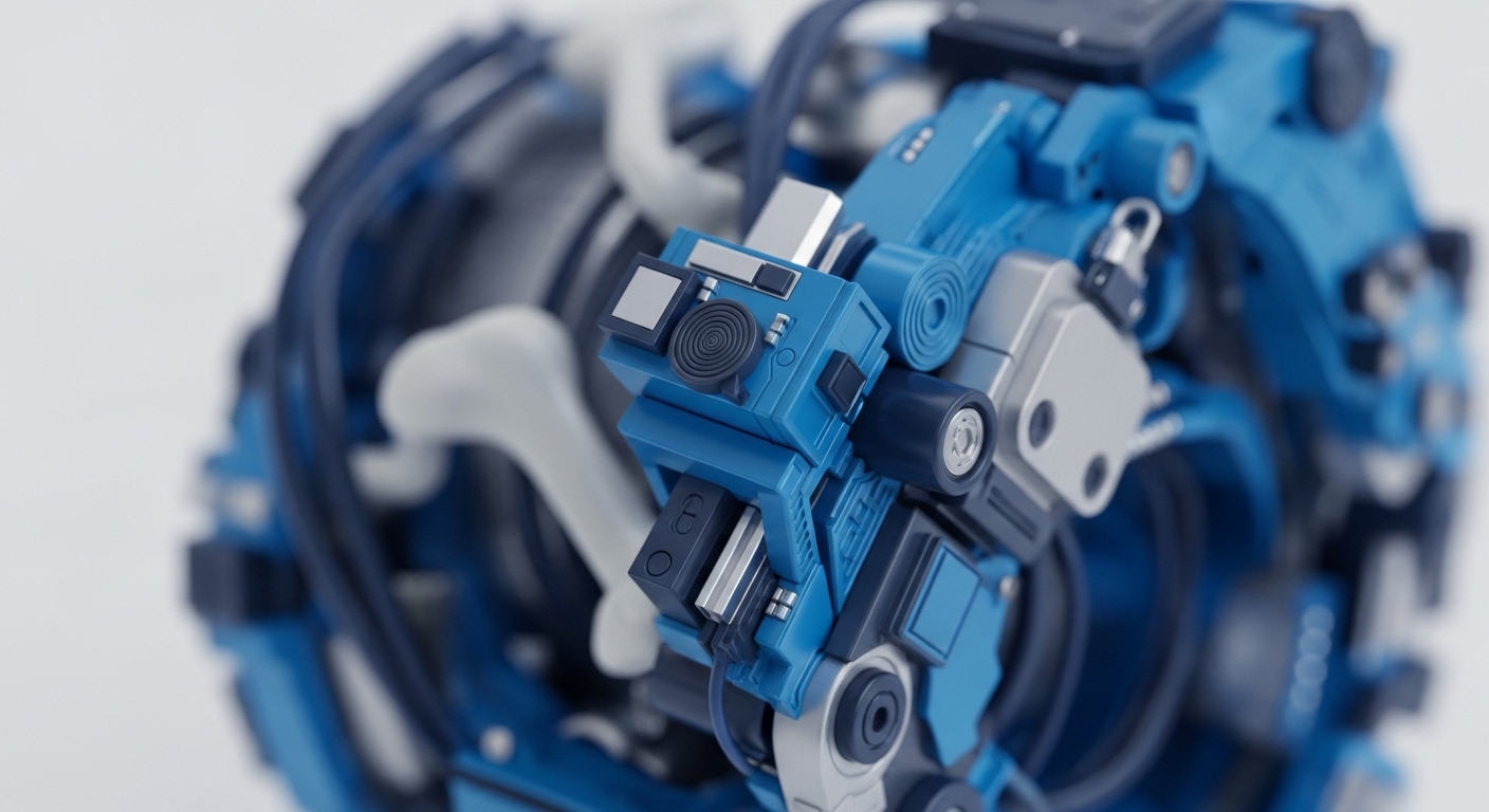A highly detailed close-up reveals a sophisticated blue and silver mechanical assembly, suggesting advanced blockchain architecture. Interconnected components, featuring intricate spiral patterns and robust metallic elements, form a compact, engineered structure. This design evokes the complexity of cryptographic protocols and secure decentralized ledger technology. The modular nature of the various units implies scalable node infrastructure and efficient consensus mechanisms, vital for robust digital asset management within a corporate crypto framework.