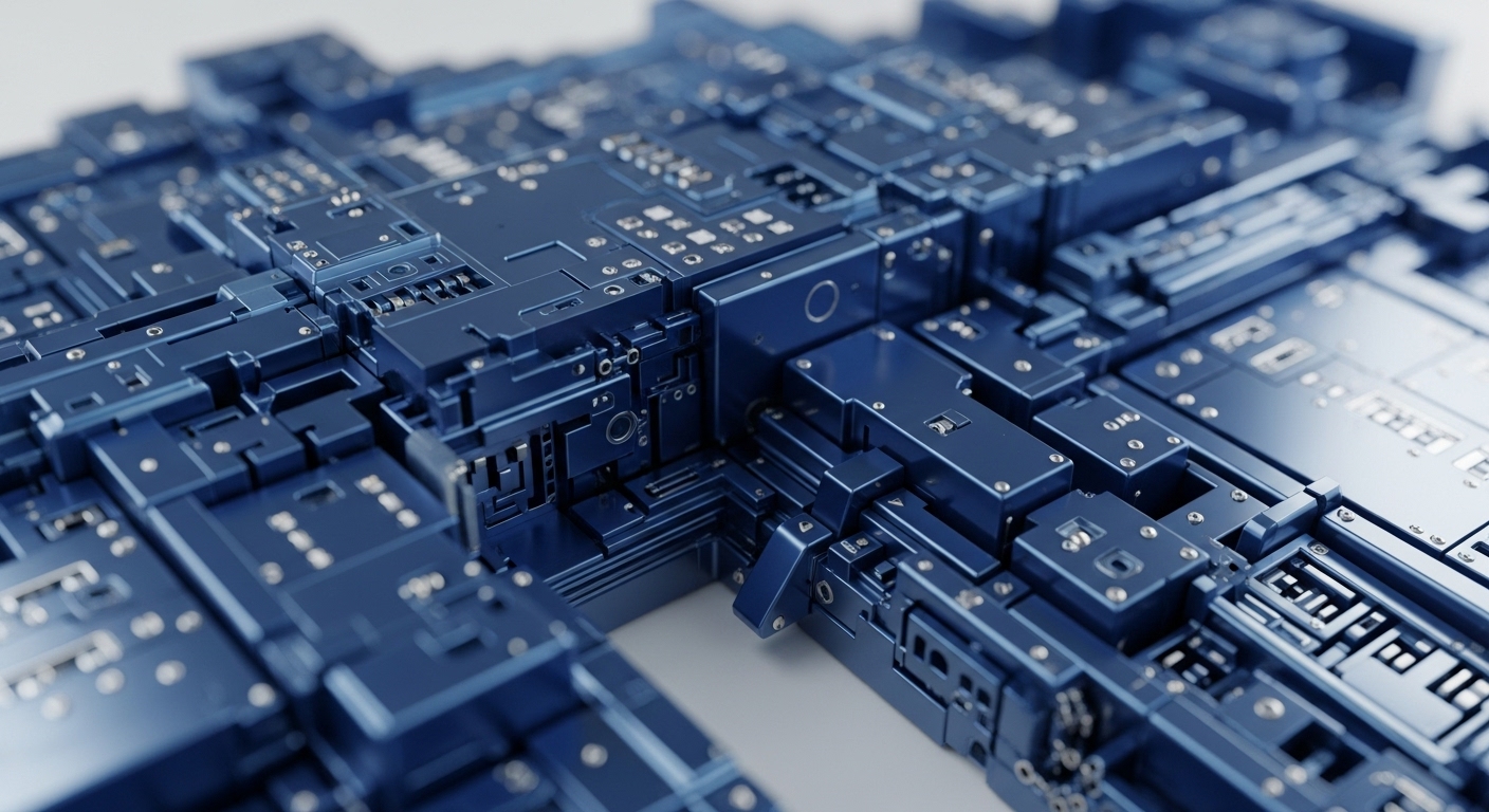 A close-up view showcases an intricate, metallic blue, three-dimensional structure resembling a complex circuit board, featuring interconnected blocks, channels, and numerous small, shiny details. The shallow depth of field keeps the central elements in sharp focus, while the surrounding areas gently blur, highlighting the precision