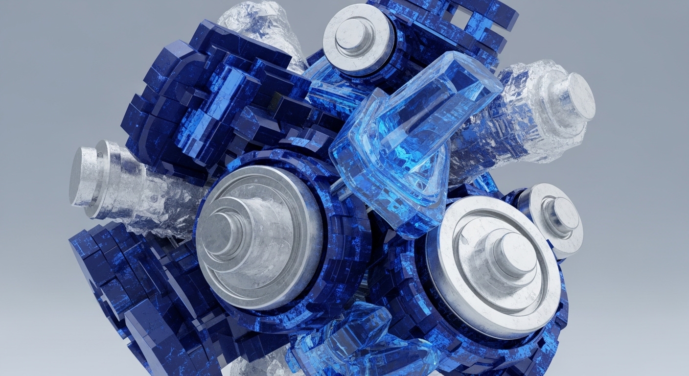 An abstract, three-dimensional construct displays an intricate arrangement of deep blue, blocky elements, textured silver cylinders, and transparent, crystalline blue components. Rough, translucent icy material encases some silver parts, creating a dynamic interplay of textures and forms
