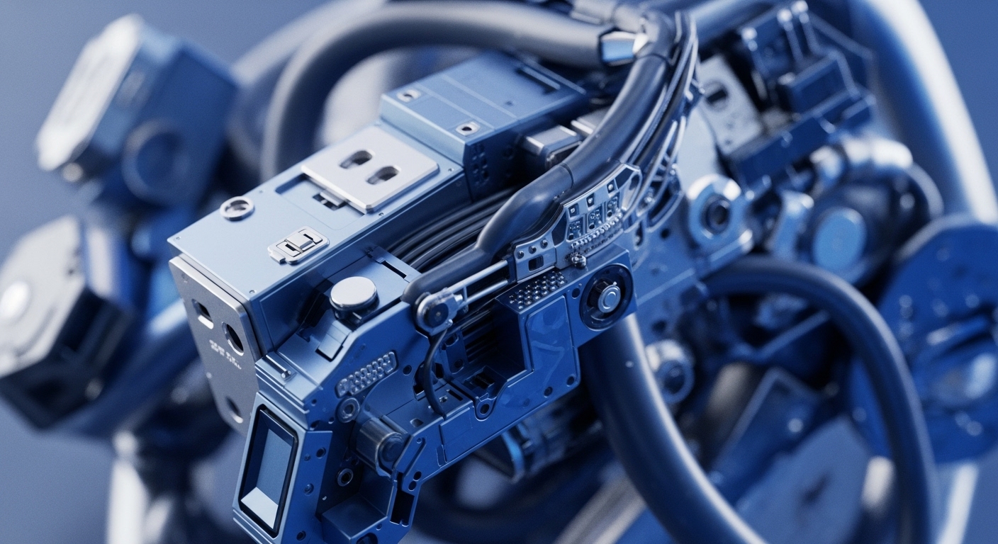 The image displays a detailed, close-up perspective of complex, precision-engineered machinery, characterized by its metallic blue and silver components, intricate wiring, and integrated panels. Various tubes, connectors, and structural elements are visible, suggesting a highly functional and interconnected system