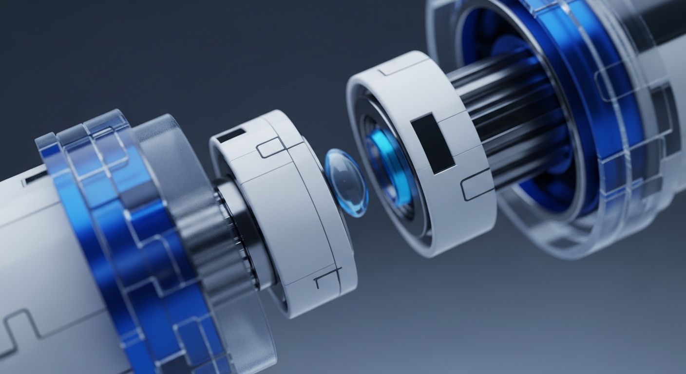 A futuristic mechanical assembly, predominantly white and metallic grey with vibrant blue translucent accents, is shown in a state of partial disassembly against a dark grey background. Various cylindrical modules are separated, revealing internal components and a central spherical lens-like element
