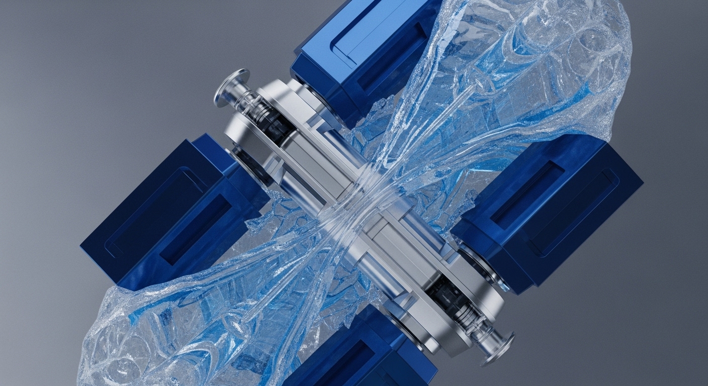 A highly stylized, metallic central mechanism, resembling an engine or a complex actuator, is positioned diagonally. Four dark blue, rectangular components extend symmetrically from its core, creating a dynamic cross-like configuration