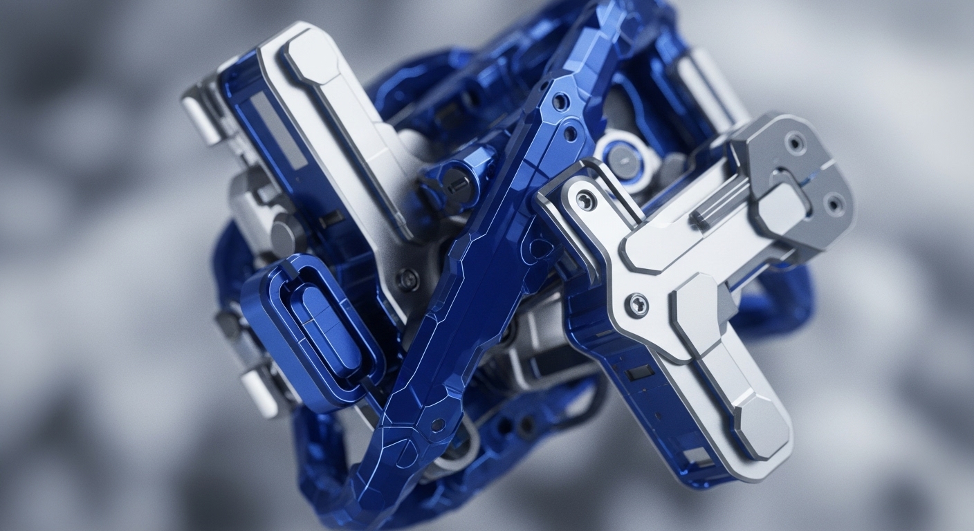 The image displays a sophisticated assembly of interlocking blue and silver metallic elements, showcasing a highly engineered and precise design. Polished surfaces and sharp angles define the abstract structure, which appears to float against a soft, blurred background
