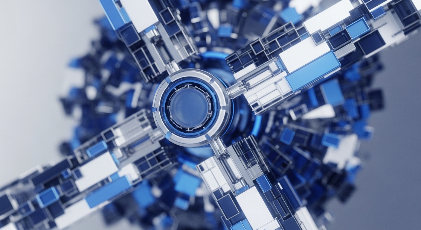 The image presents a detailed, abstract geometric structure centered around a circular core, from which four arms extend, each built from interlocking white, blue, and silver rectangular modules. The background reveals a blurred, expansive network of similar interconnected components, suggesting a complex digital ecosystem