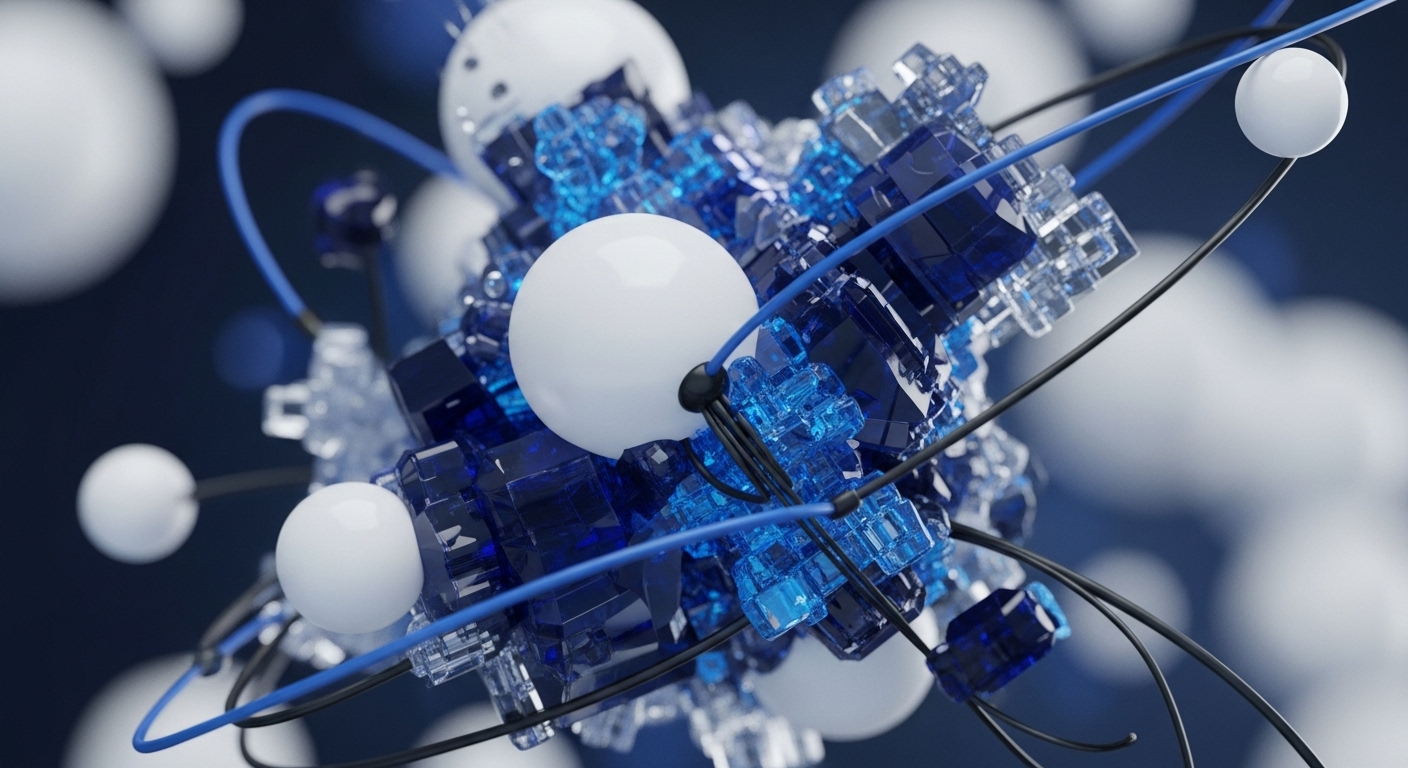 The visual displays a sophisticated abstract composition of interconnected white spheres, translucent blue and clear cubes, and black and blue wires against a dark background. The central structure is sharp, while background elements are softly blurred, creating depth
