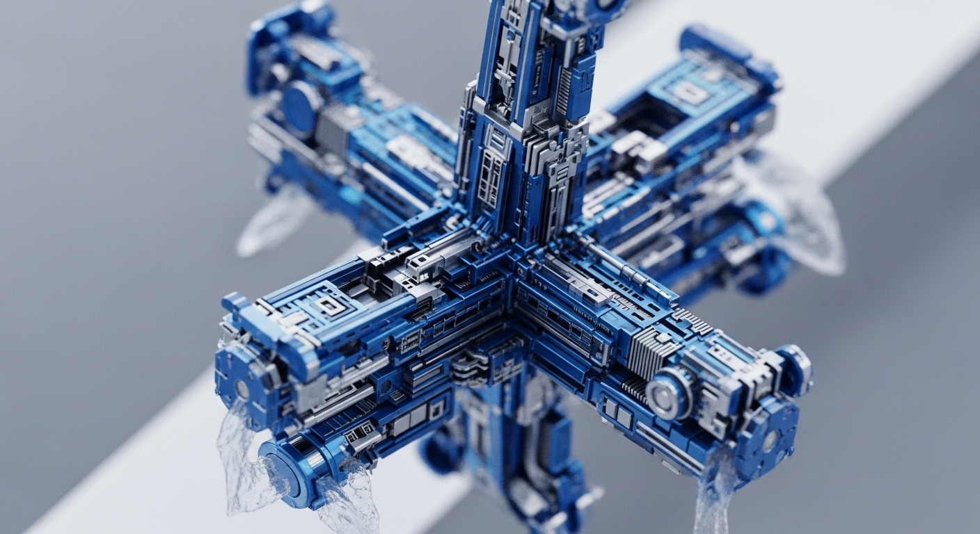 A complex, cross-shaped metallic structure dominates the frame, rendered in striking deep blue and reflective silver. Clear liquid visibly flows from several points on its intricate, modular surface, suggesting active processing