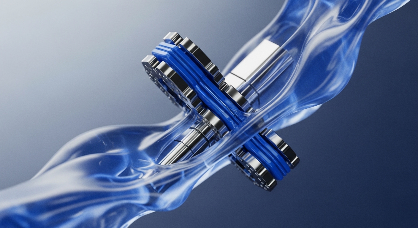 The image displays a metallic, multi-part mechanism with bright blue internal components, enveloped by a translucent, flowing blue substance. This central arrangement is set against a gradient background transitioning from light grey to a deep blue