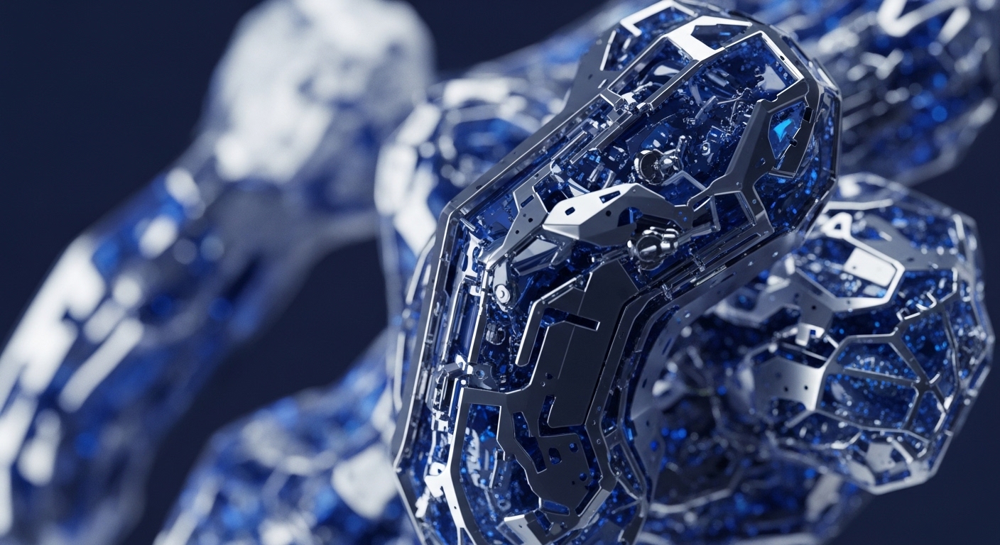 Interconnected metallic and crystalline structures are prominently displayed, featuring intricate geometric frameworks and glowing blue interiors filled with sparkling data points. The central unit is in sharp focus, revealing detailed mechanical components and a translucent core, while other units recede into a blurred background