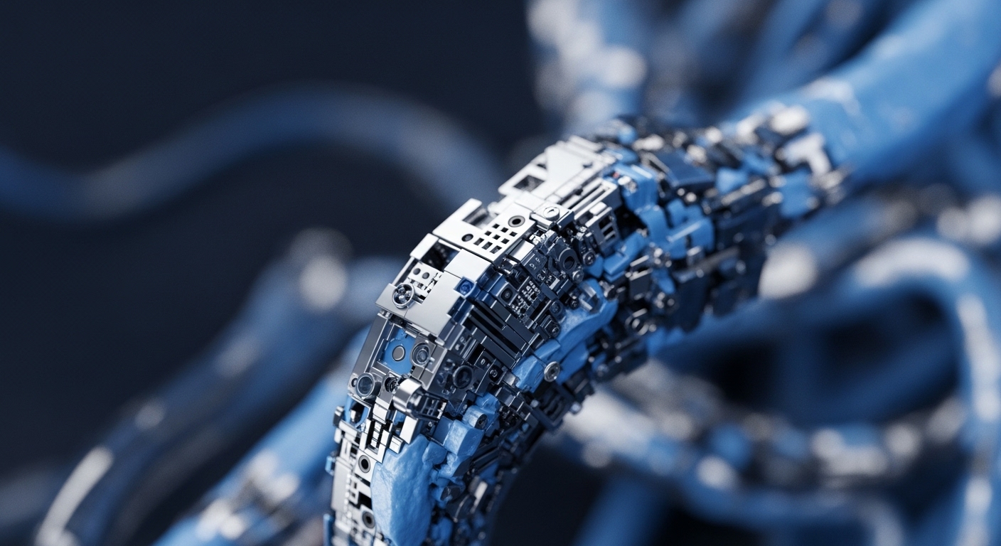 A prominent blue, undulating, organic-like structure is partially encased by intricate, silver and dark metallic components resembling circuit boards or integrated circuits. These modular components exhibit detailed textures and connections, set against a blurred dark blue background