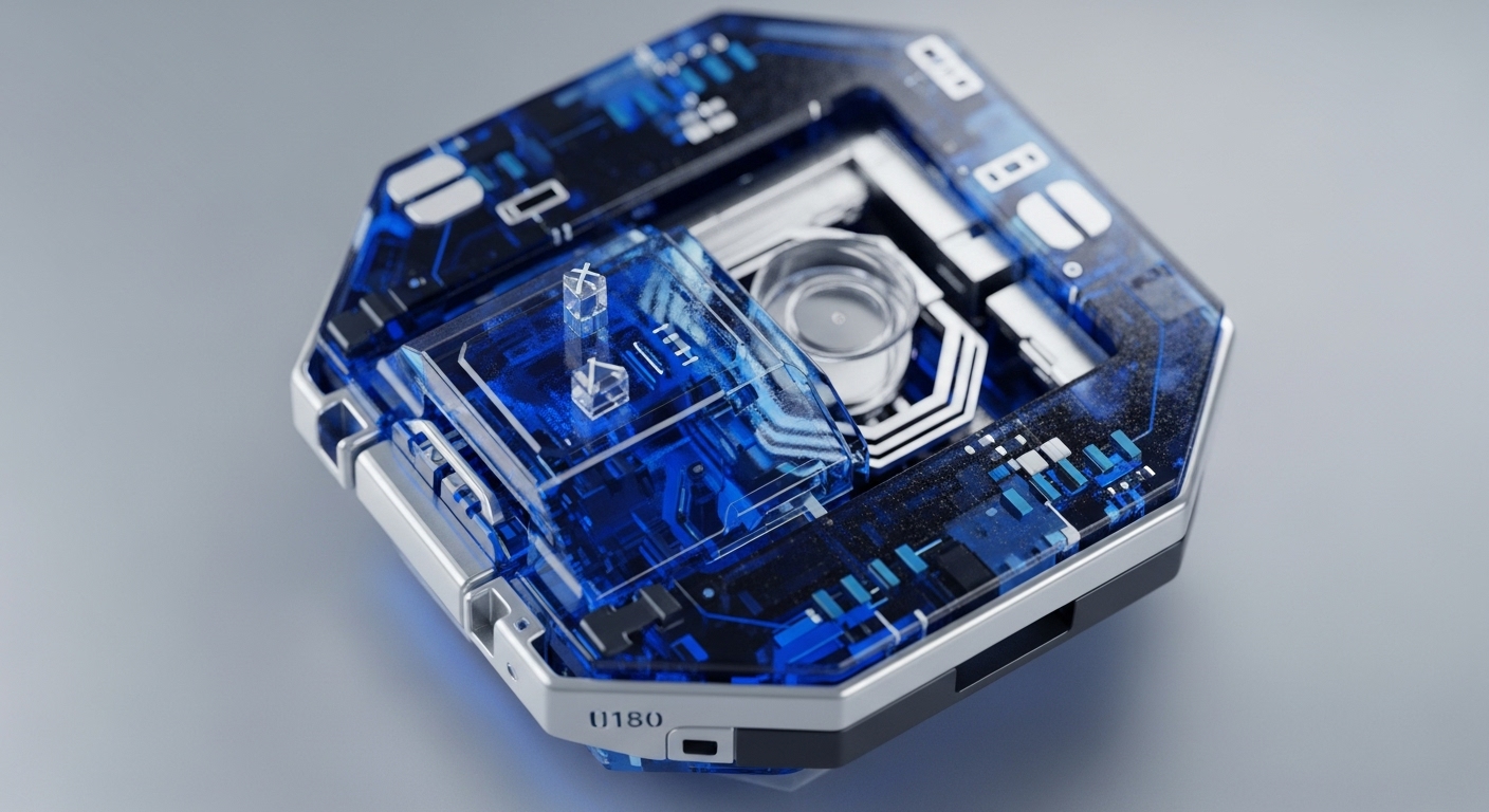 A futuristic, multi-faceted device with transparent blue casing reveals intricate, glowing circuitry patterns, indicative of advanced on-chain data processing. Silver metallic accents frame its robust structure, highlighting a central lens-like component and embedded geometric cryptographic primitives