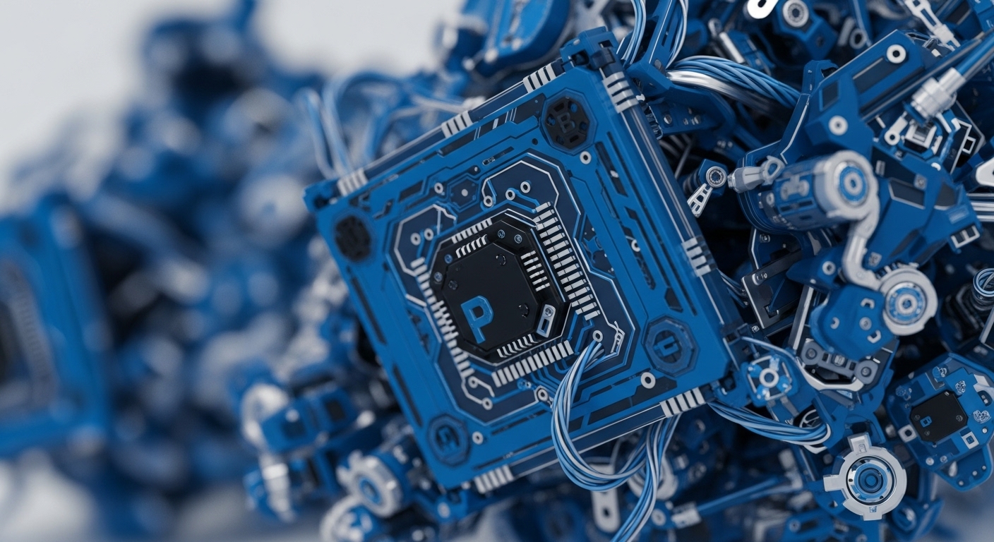 An intricate assembly of blue and silver mechanical and electronic components is depicted, featuring a central hexagonal element marked with a distinct "P." The detailed foreground reveals circuit board patterns, numerous interconnected wires, and various metallic accents, creating a high-tech, modular aesthetic