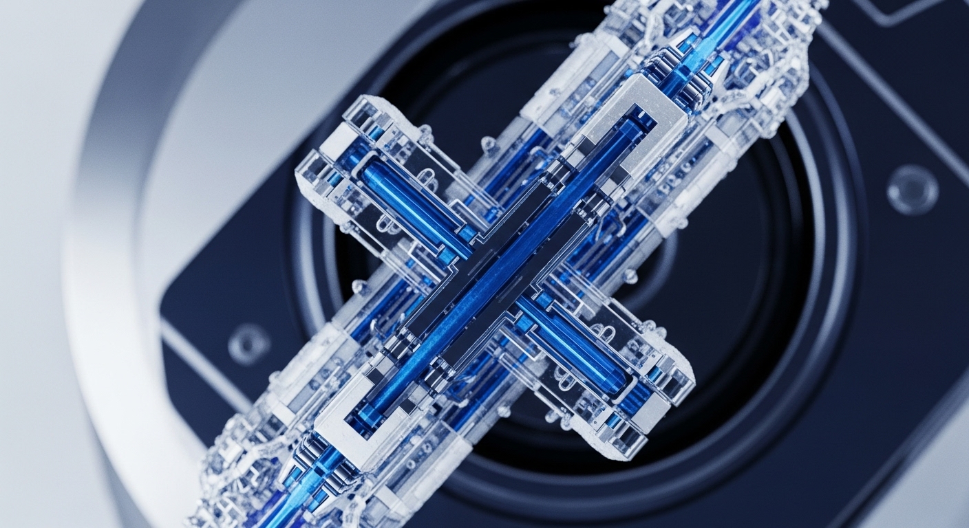 A high-tech visualization showcases a transparent, modular structure with glowing blue internal pathways, forming an intricate central cross. This complex assembly appears suspended against a dark, industrial-style background, featuring subtle circular details