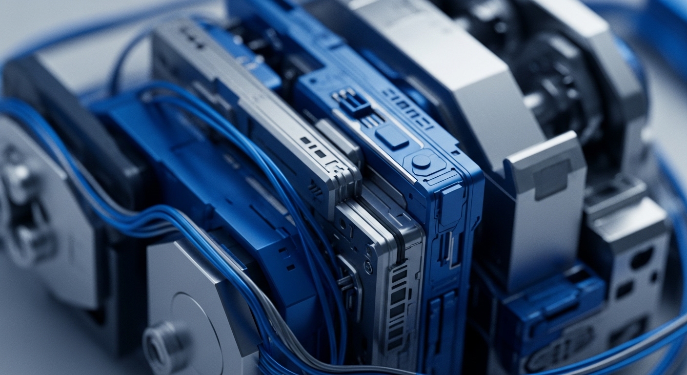 The image showcases a detailed, close-up perspective of advanced modular hardware components, primarily in striking blue and metallic silver hues. Intricate wiring, consisting of blue and white strands, meticulously connects various units, highlighting a complex internal system designed for high performance and reliability