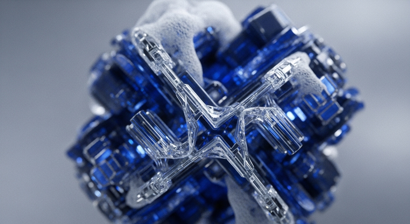 The image showcases a highly detailed, abstract representation of a complex, three-dimensional structure. Transparent, crystalline elements interlock to form intricate pathways and a central star-like configuration, embedded within a matrix of vibrant blue, reflective blocks