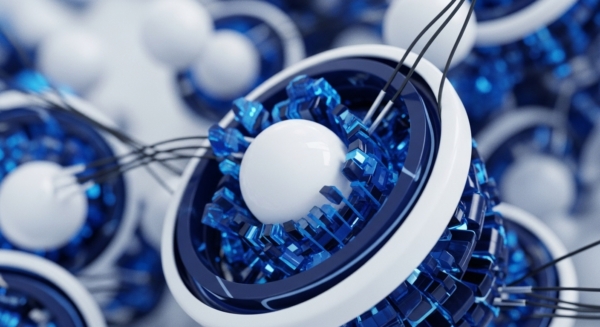 A detailed view of a sophisticated blockchain node showcases a central white digital asset sphere encapsulated by concentric rings. Surrounding the sphere, translucent blue cryptographic primitives form a structured array, symbolizing data sharding within a distributed ledger. Thin black network topology conduits extend, illustrating interoperability and data flow between interconnected modular components. This abstract representation emphasizes secure transaction processing and ledger integrity within a decentralized ecosystem.