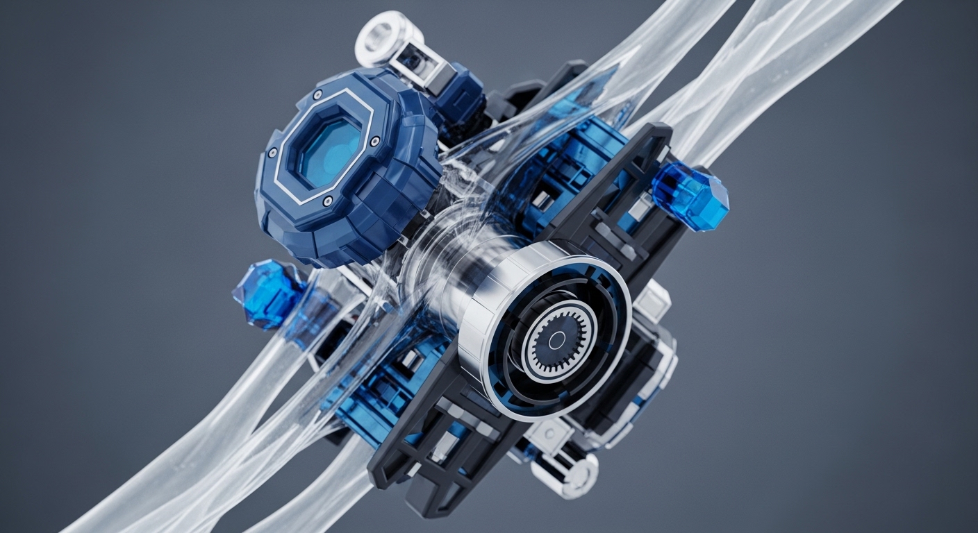 An intricate digital asset infrastructure is rendered. Deep blue hexagonal modules, representing secure enclaves or validator nodes, integrate with metallic cylinders featuring gear-like patterns, indicative of computational integrity. Translucent white conduits symbolize data streams or cross-chain interoperability pathways, interconnecting sub-modules. Black structural frames support cryptographic primitives and smart contract execution, visualizing a robust distributed ledger technology for efficient transaction finality within a decentralized network.