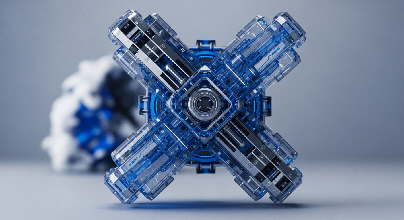 The image showcases a central, symmetrical X-shaped structure, meticulously crafted from translucent blue and metallic components, set against a soft grey background. Internal elements are visible through the transparent casing, suggesting complex, interconnected machinery