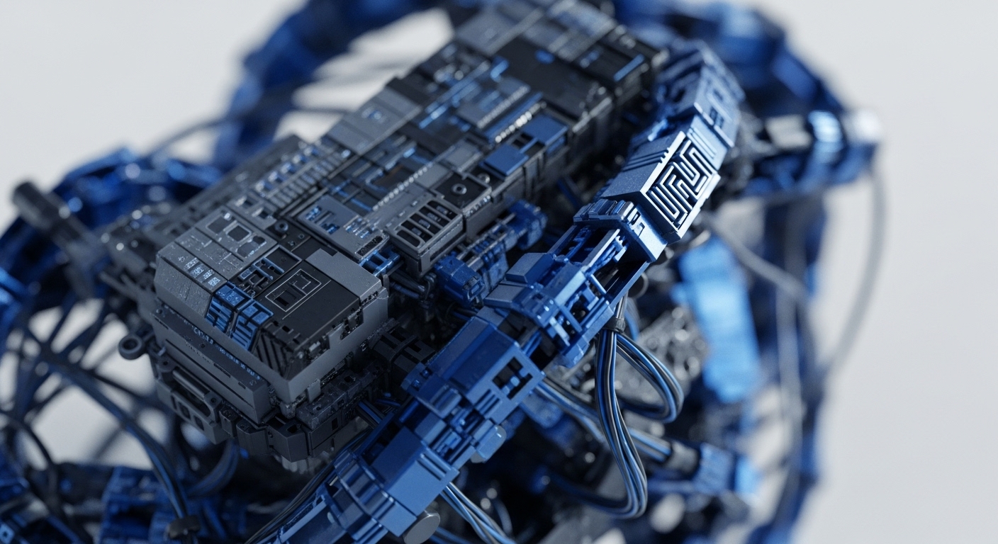 An overhead close-up view reveals a highly detailed assembly of dark grey and metallic blue components, intricately interconnected by various cables and structural elements. The focus is on the central processing units and data conduits, highlighting a complex technological system
