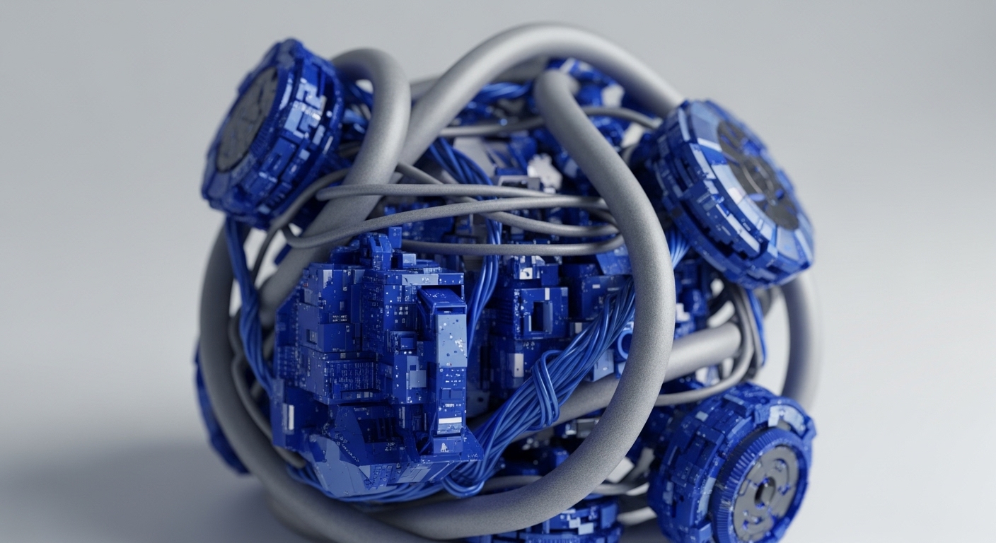 An intricate, spherical mechanical and digital construct dominates the frame, composed of numerous deep blue modular circuit boards and an array of intertwined gray structural tubes. Fine blue data cables crisscross throughout, connecting the various components and external interfaces