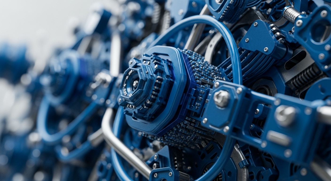 A detailed close-up shot captures an intricate mechanical system, predominantly colored in various shades of blue and accented with metallic silver components. The complex machinery features numerous interlocking gears, structured plates, and precise linkages, creating a sense of advanced engineering