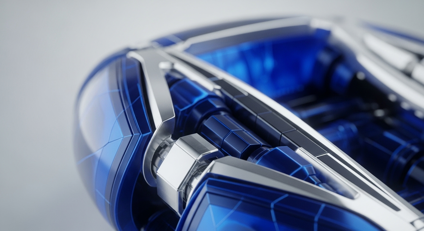 A detailed view presents a futuristic internal system, characterized by glowing blue translucent components and polished silver metallic structures. The composition highlights intricate geometric forms and precise engineering, suggesting advanced digital infrastructure