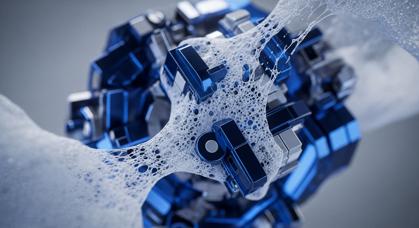 A detailed view captures a central cluster of reflective blue and silver geometric modules, appearing to be a core computational unit. This structure is partially enveloped and interconnected by a translucent, frothy, web-like substance, creating a sense of dynamic interaction
